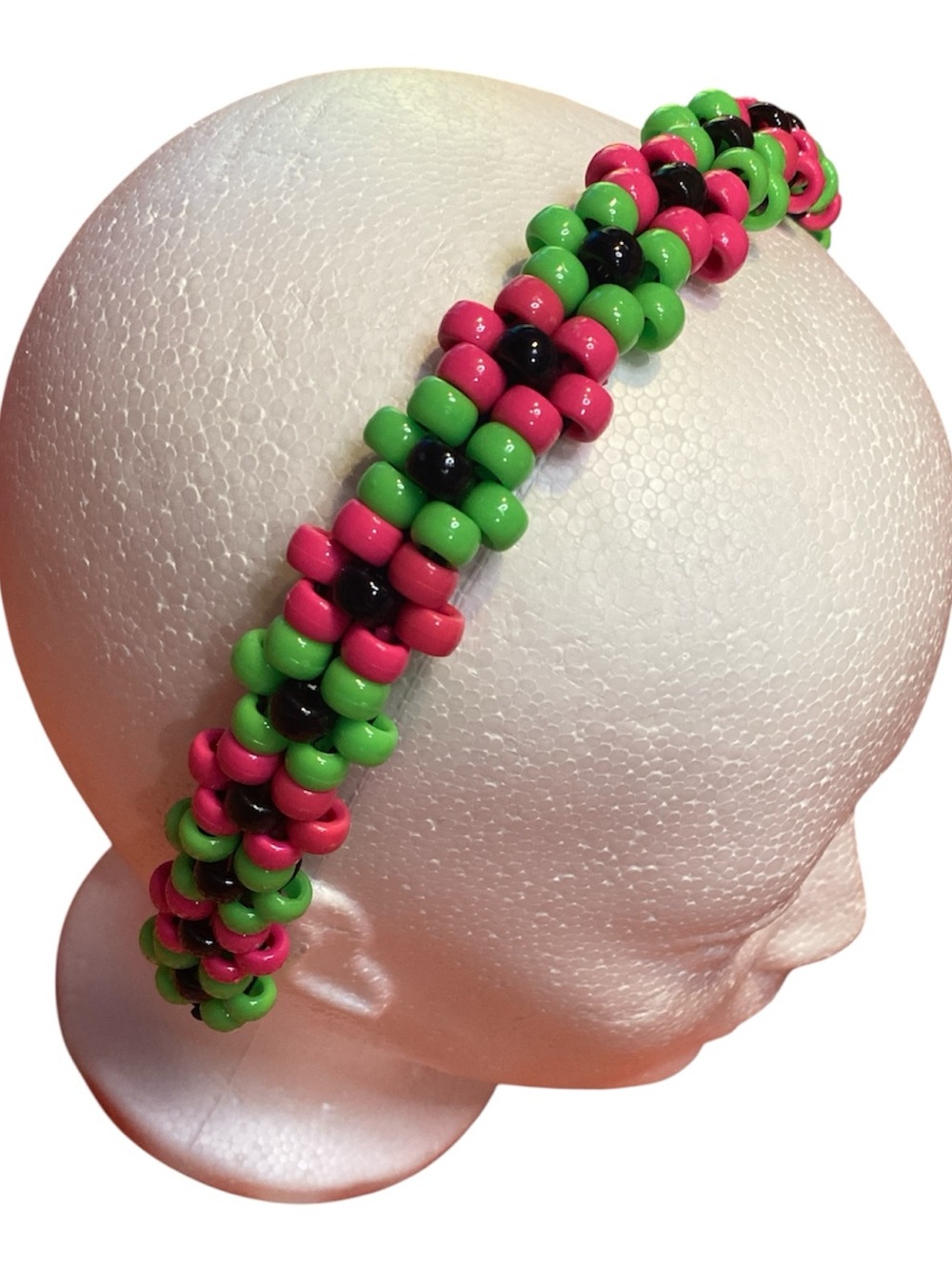Hand Crafted Pink, Green, and Black Beaded Headband
